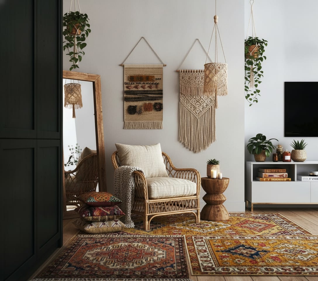 A rental living room restyled with only removable pieces